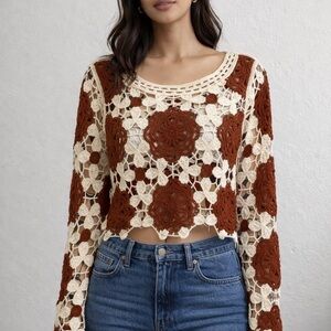 American Flirt Open Crochet Flower Sweater Size L